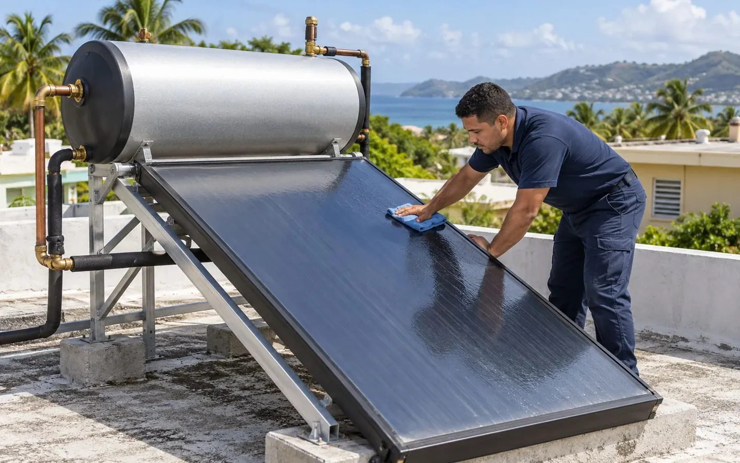 Calentador solar de agua con tanque y colector térmico en techo