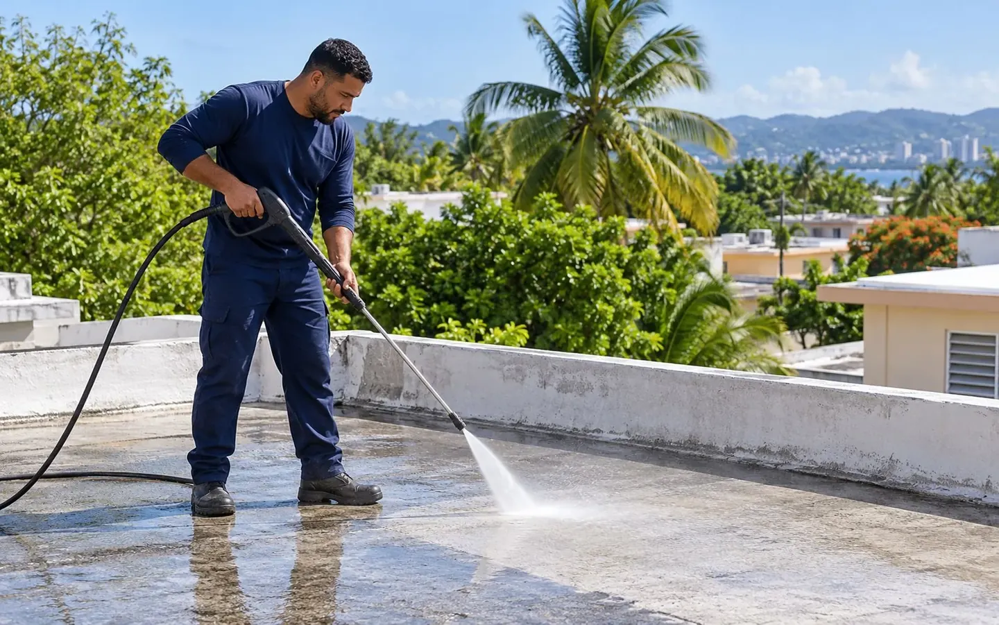Trabajador lavando a presión un techo plano de concreto