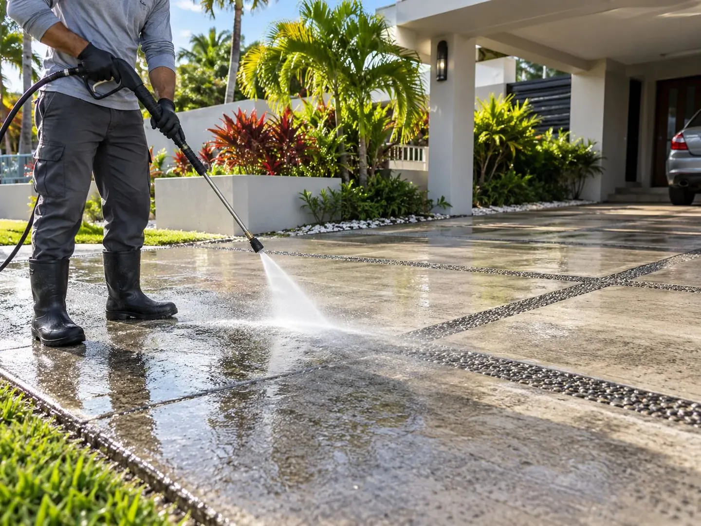Trabajador lavando a presión la entrada de una vivienda
