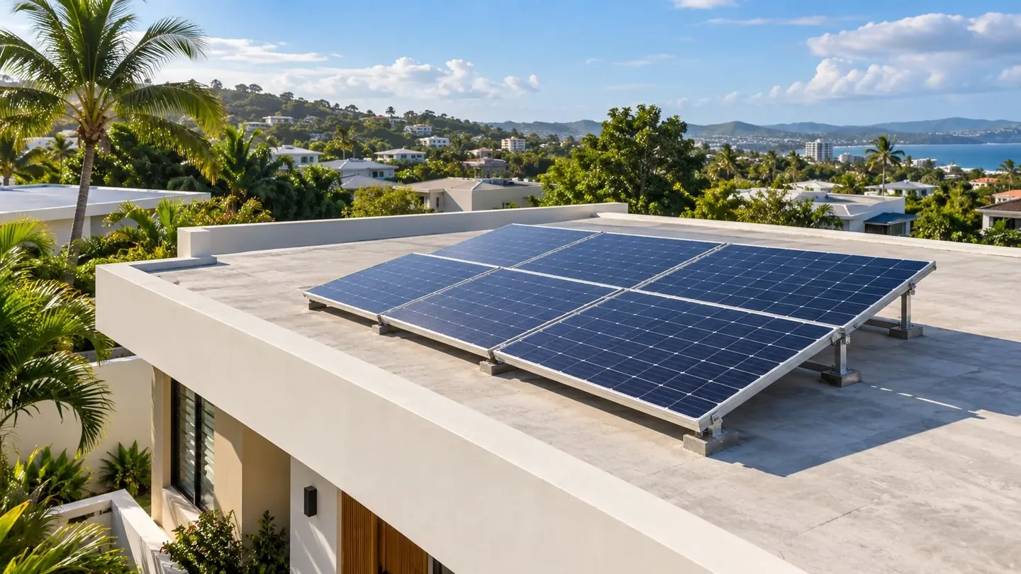 Techo plano de concreto con placas solares en una residencia tropical
