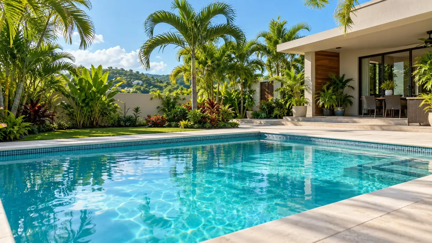 Piscina y jardín tropical en una propiedad residencial cuidada