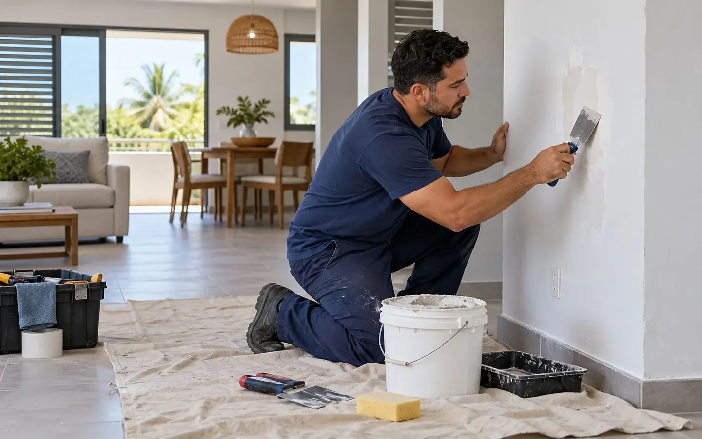 Profesional trabajando en una pared interior durante una remodelación