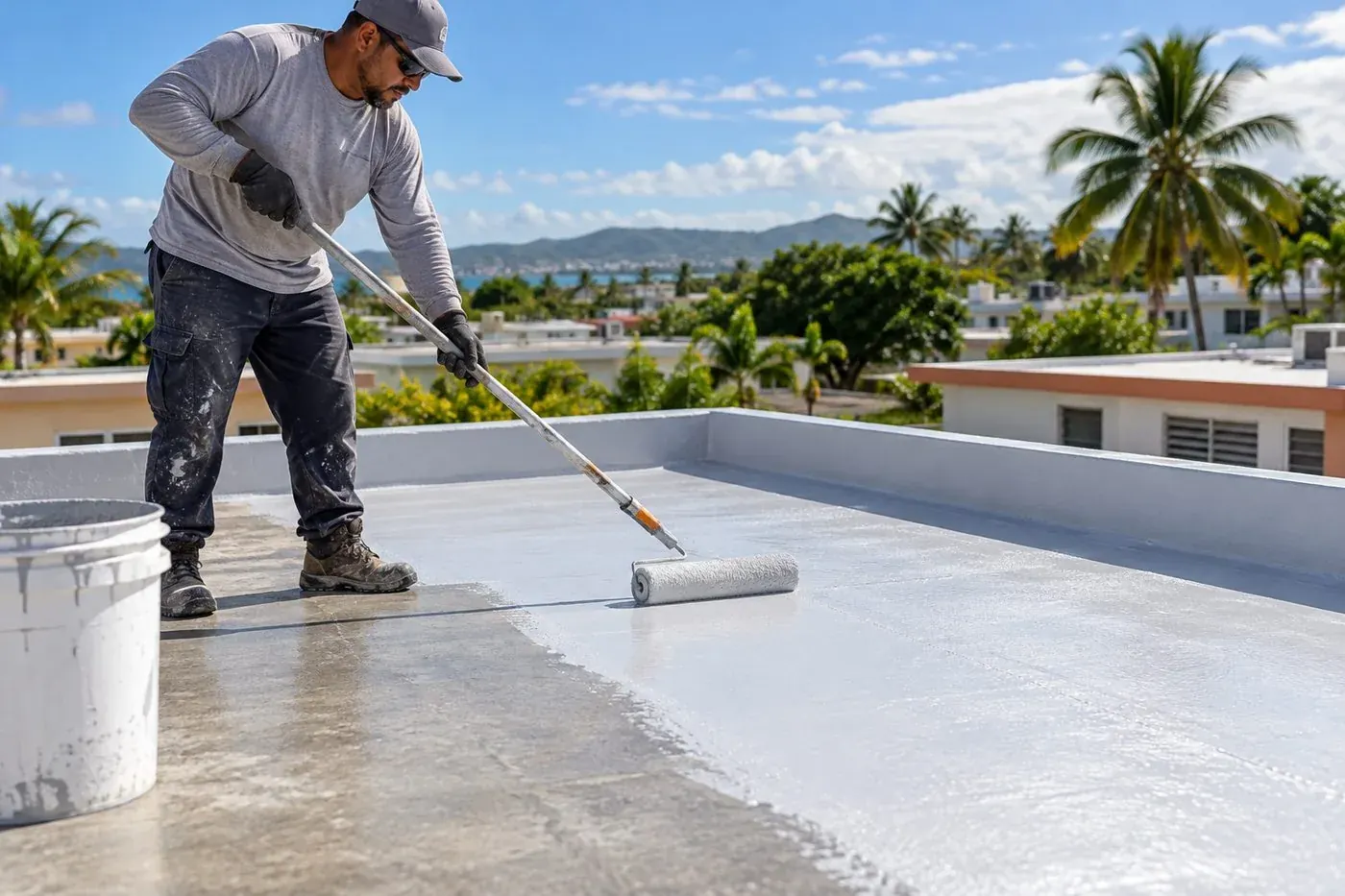 Profesional aplica recubrimiento de sellado sobre un techo plano de concreto