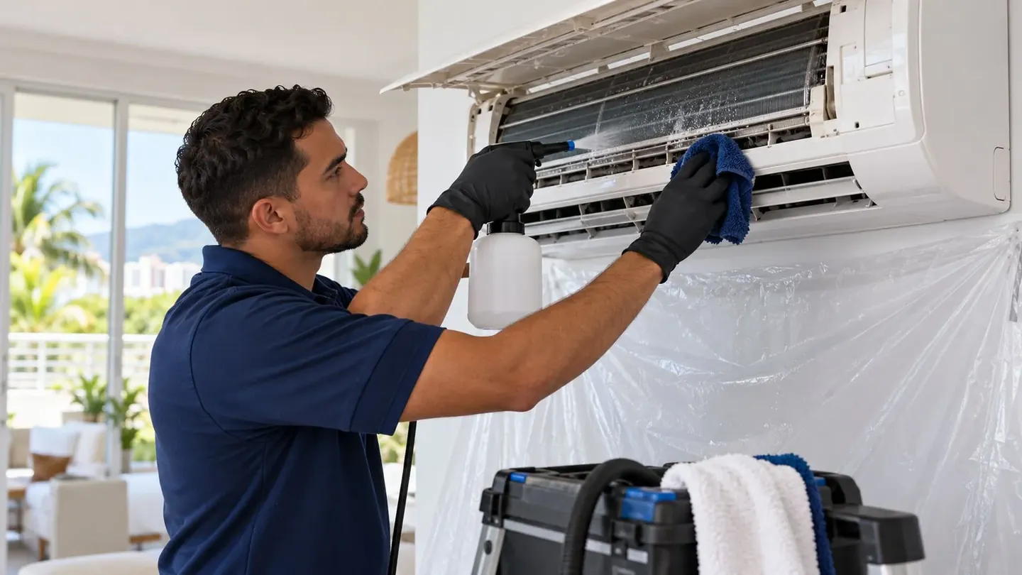 Técnico trabajando en un aire acondicionado tipo split