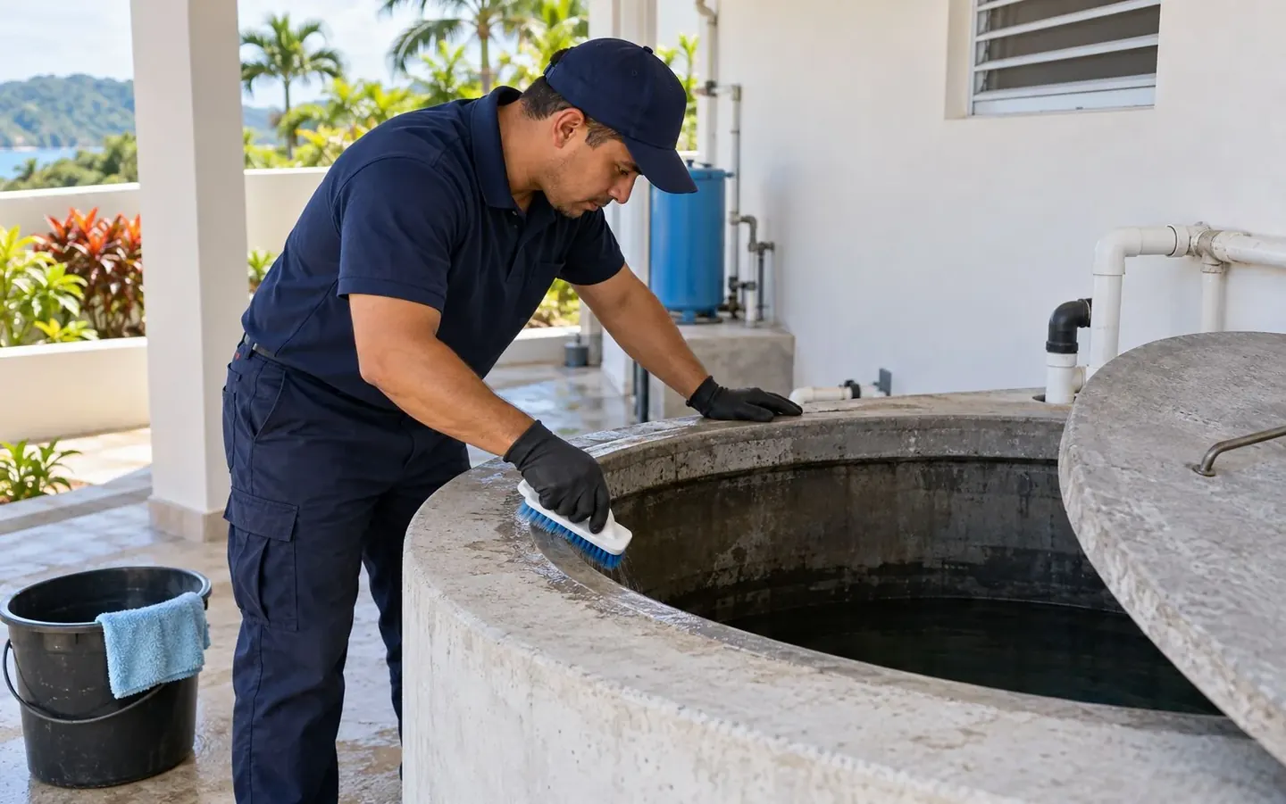 Profesional atendiendo el interior de una cisterna residencial